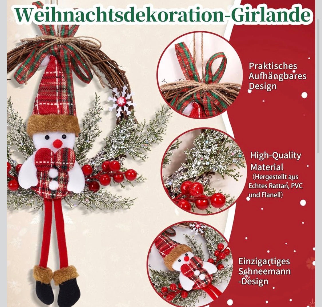 Hängande Julkrans med Snögubbe – Handgjord Juldekoration för Dörr & Fönster