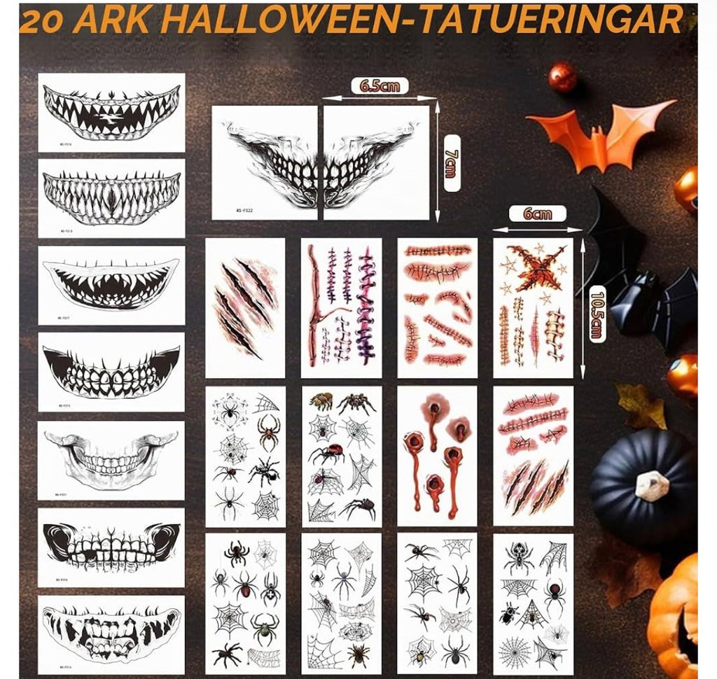 Halloween Temporära Tatueringar Set – 20 Ark (Mun, Spindlar & Ärrmotiv)