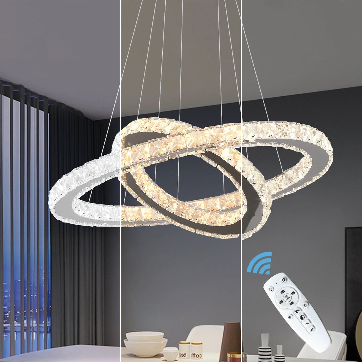 Modern LED Kristallpendel 2 Ringar – Kristallkrona med Fjärrkontroll