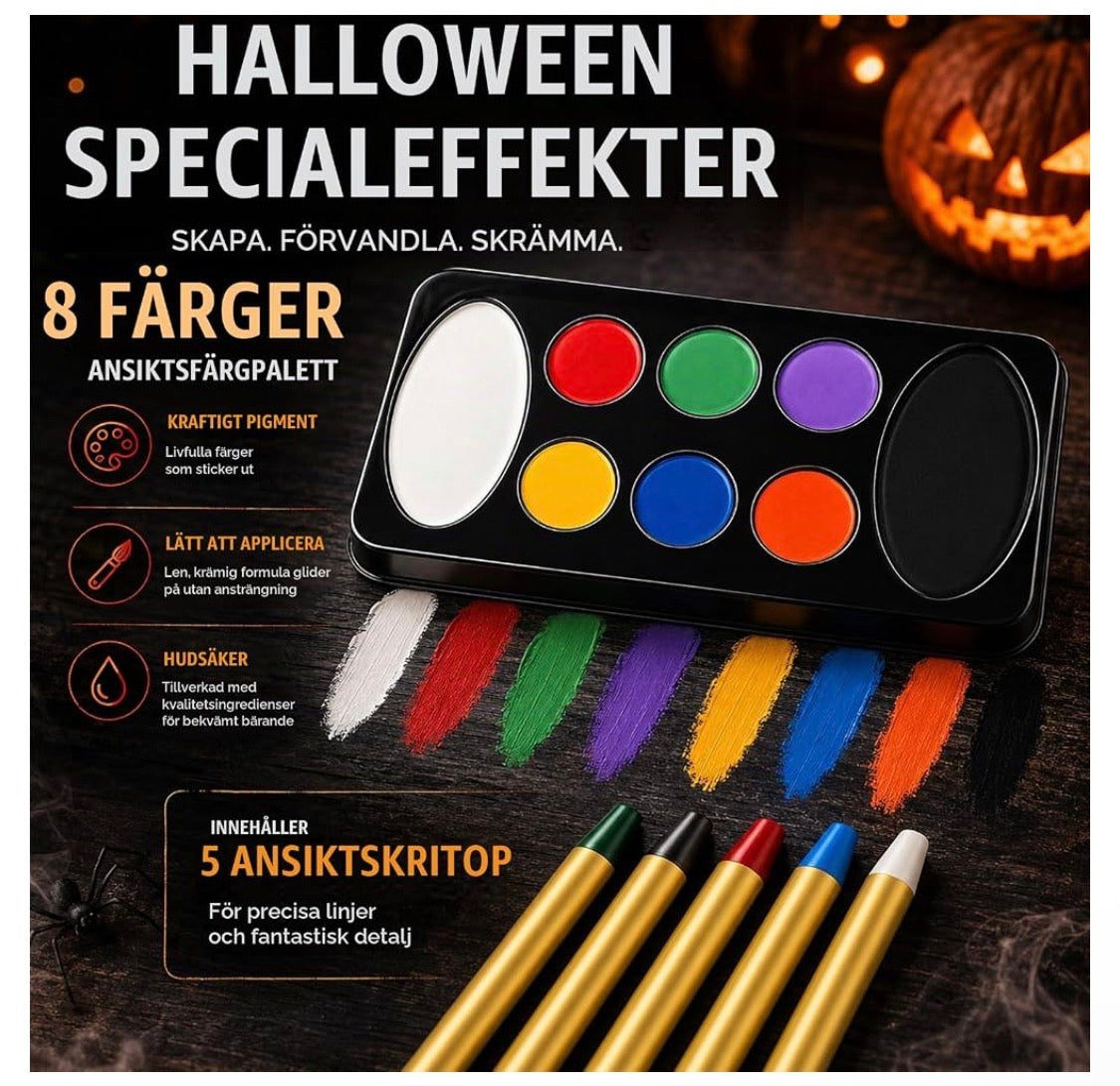 Halloween Smink- & SFX-Set med Fake Blod, Ärrvax & Ansiktsfärg