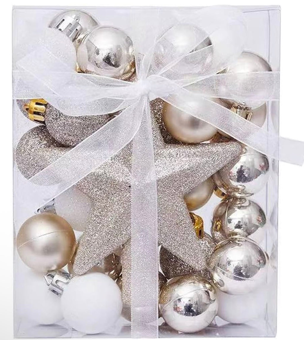 Julgransdekorationsset – 30-Pack Lyxiga Julgranskulor & Toppstjärna (Guld & Vit)