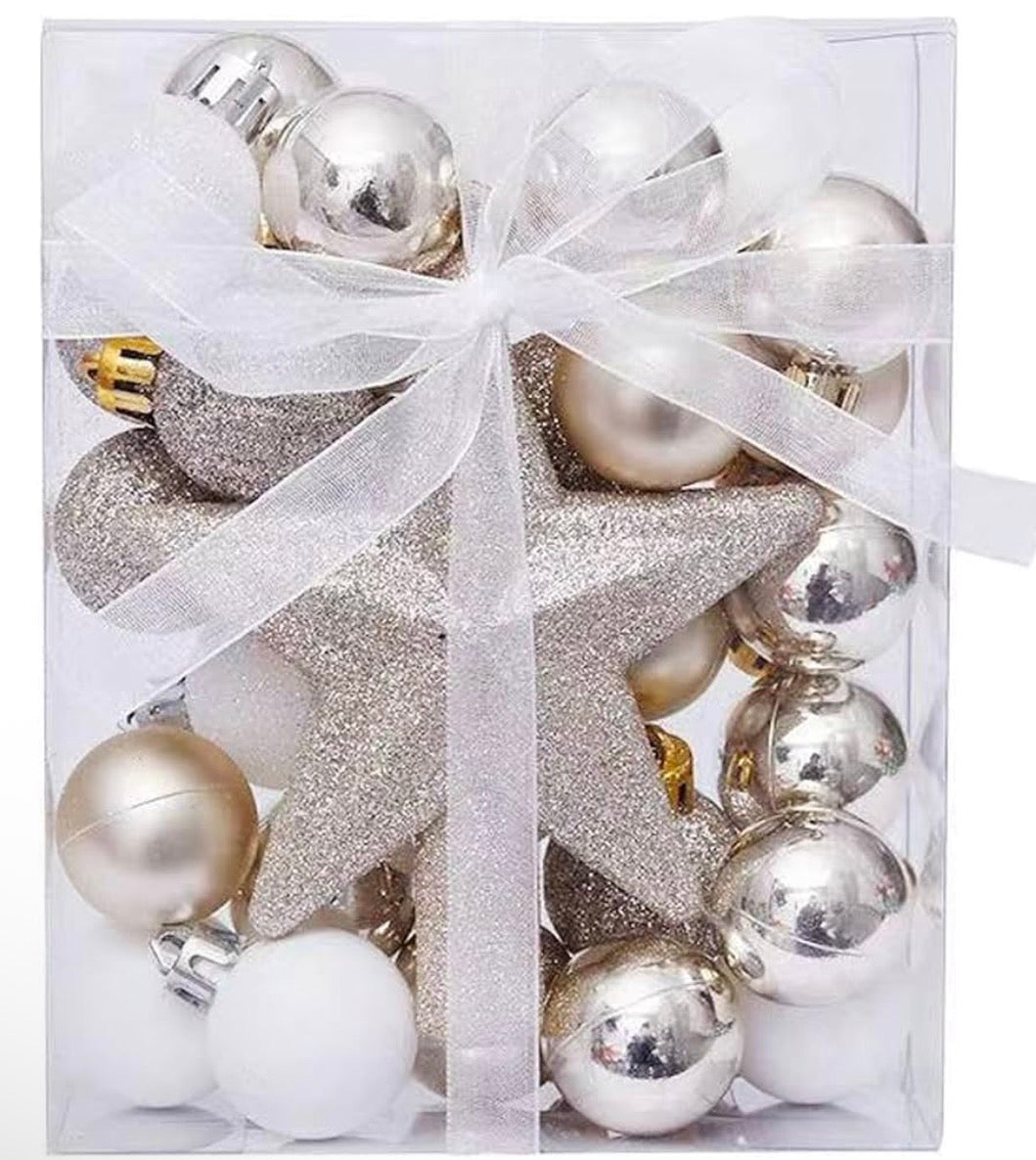 Julgransdekorationsset – 30-Pack Lyxiga Julgranskulor & Toppstjärna (Guld & Vit)