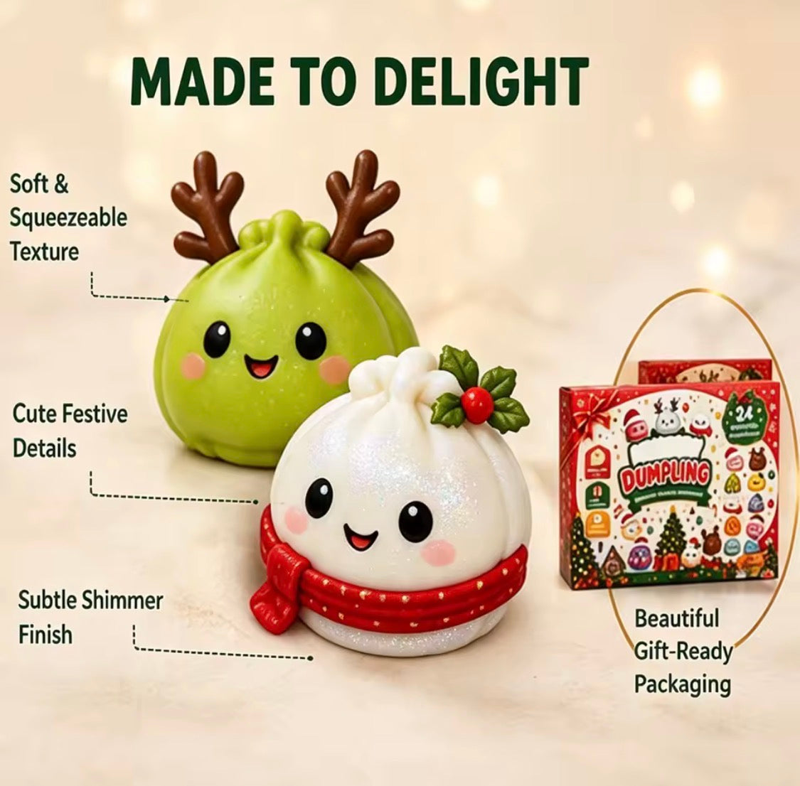 Squishy Julkalender 2026 – 24 Dagars Adventskalender med Kawaii Dumplings & Stressleksaker