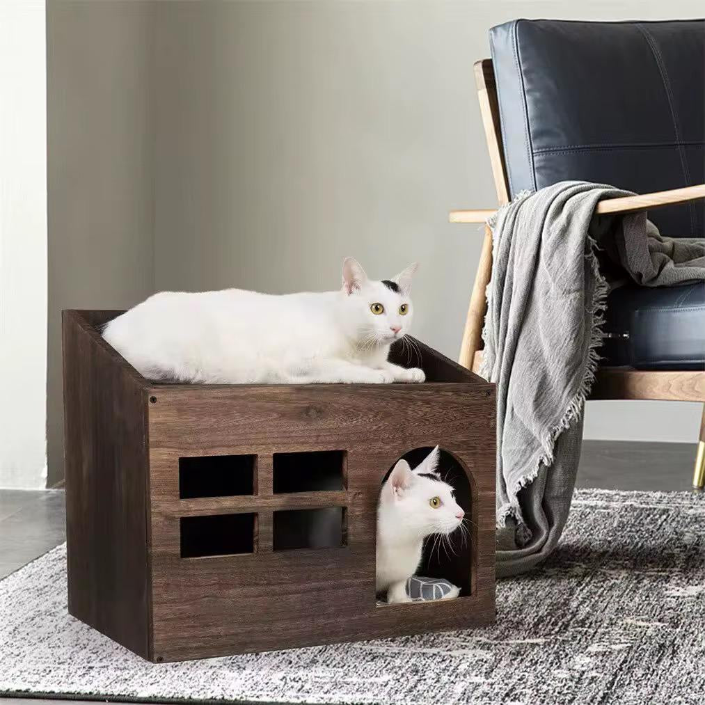 Lyxig Kattsäng & Katthus i Paulownia-trä – Mörkbrun Myshörna