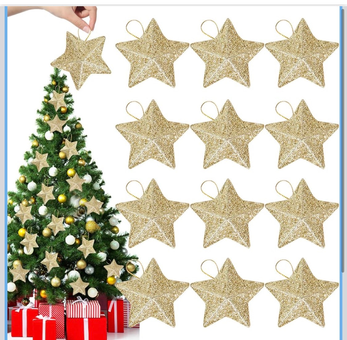 Hängande Julstjärnor – 12-Pack Glittrande Julgranshängen (Modern Design)