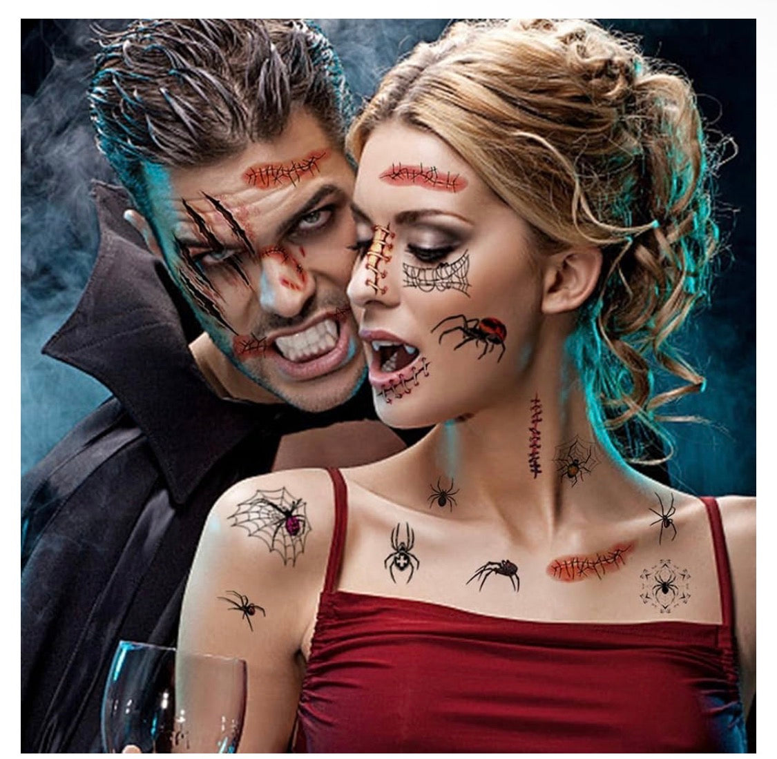 Halloween Temporära Tatueringar Set – 20 Ark (Mun, Spindlar & Ärrmotiv)