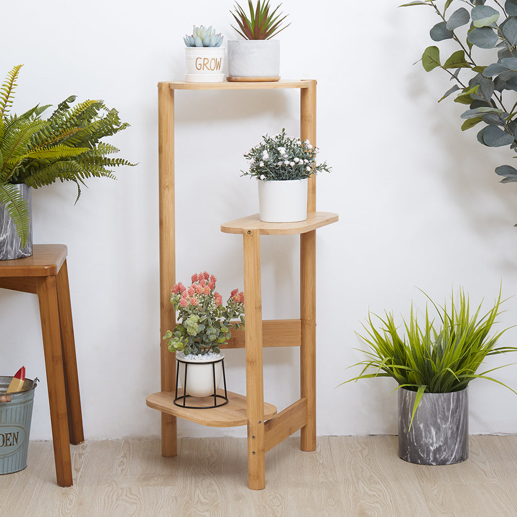 Stilrent Växtställ i Naturlig Bambu med 3 Våningar – Ljus Blomsterhylla