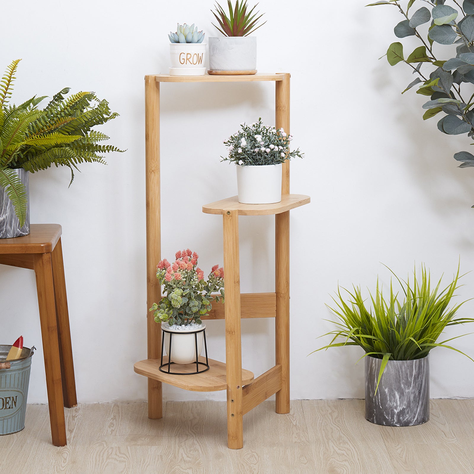 Stilrent Växtställ i Naturlig Bambu med 3 Våningar – Ljus Blomsterhylla