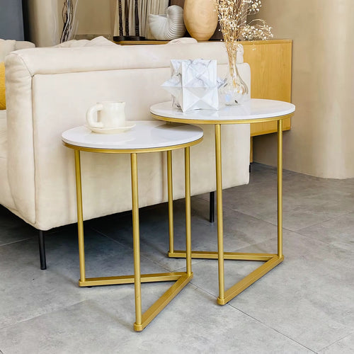 Exklusivt Set med 2 Sidobord – Vit Stenskiva & Guld Metallram
