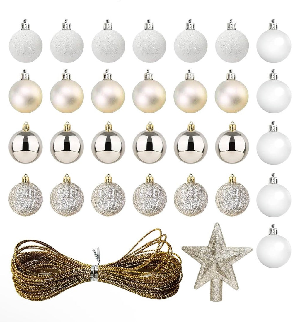 Julgransdekorationsset – 30-Pack Lyxiga Julgranskulor & Toppstjärna (Guld & Vit)
