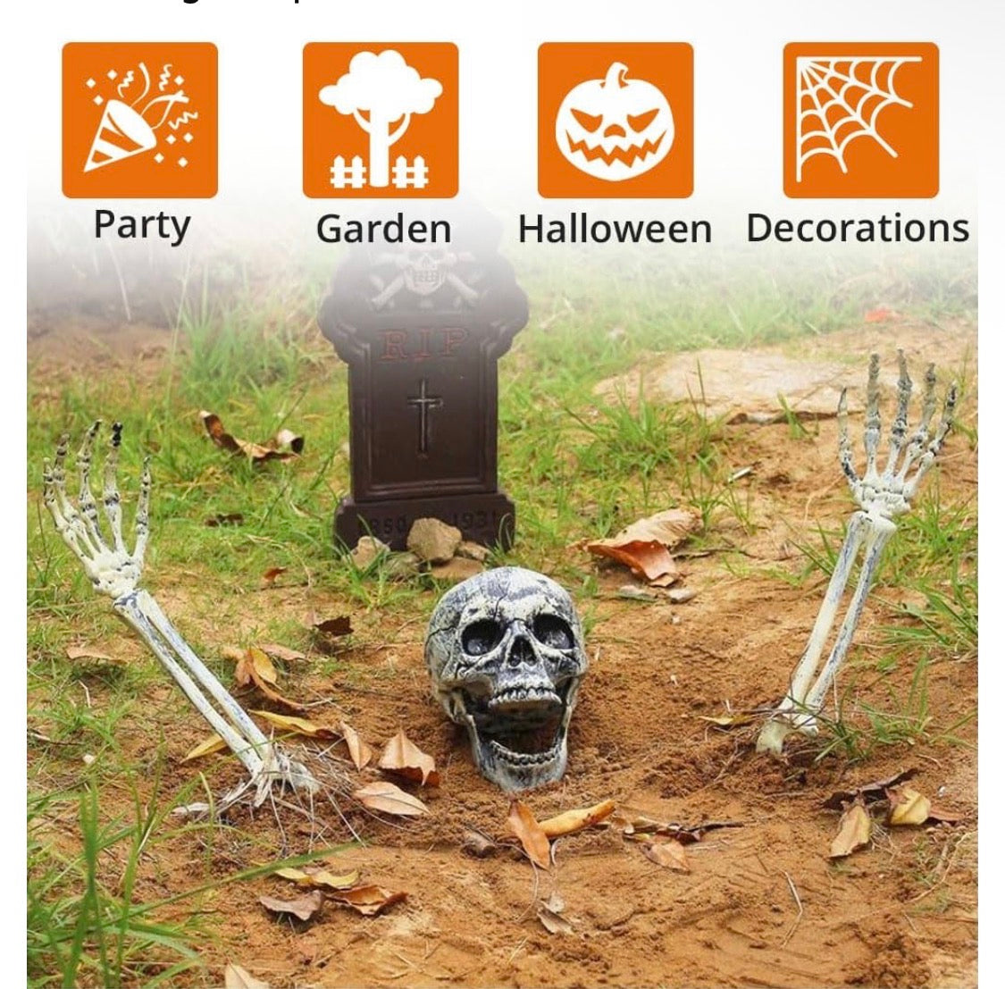 Halloween Skelett-Set för Trädgård & Gräsmatta (1 Dödskalle + 2 Skelettarmar)