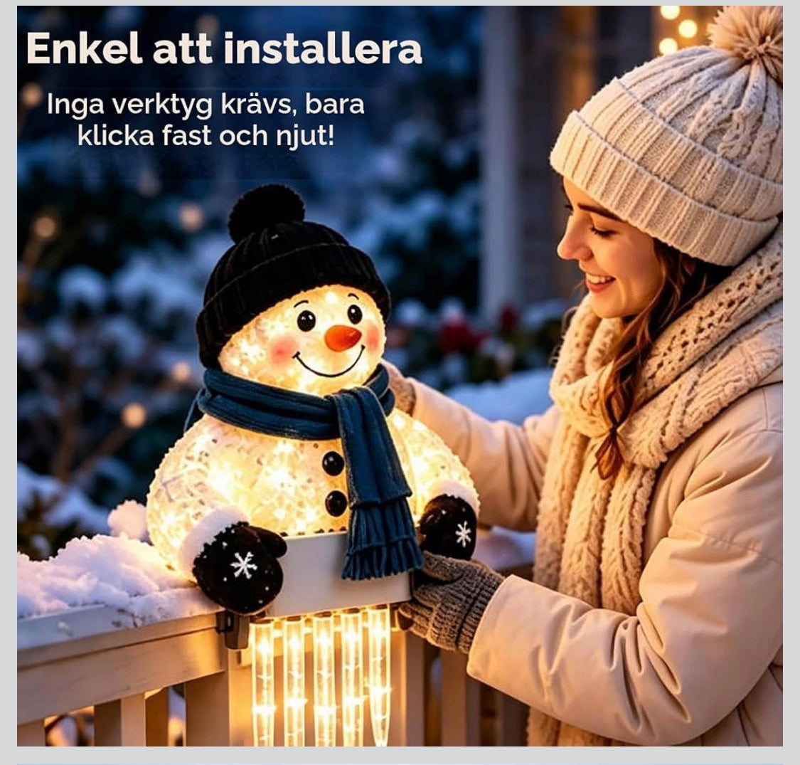 Belyst Snögubbe med LED-Istappar för Balkong- & Altanräcke (Varmvitt Sken)