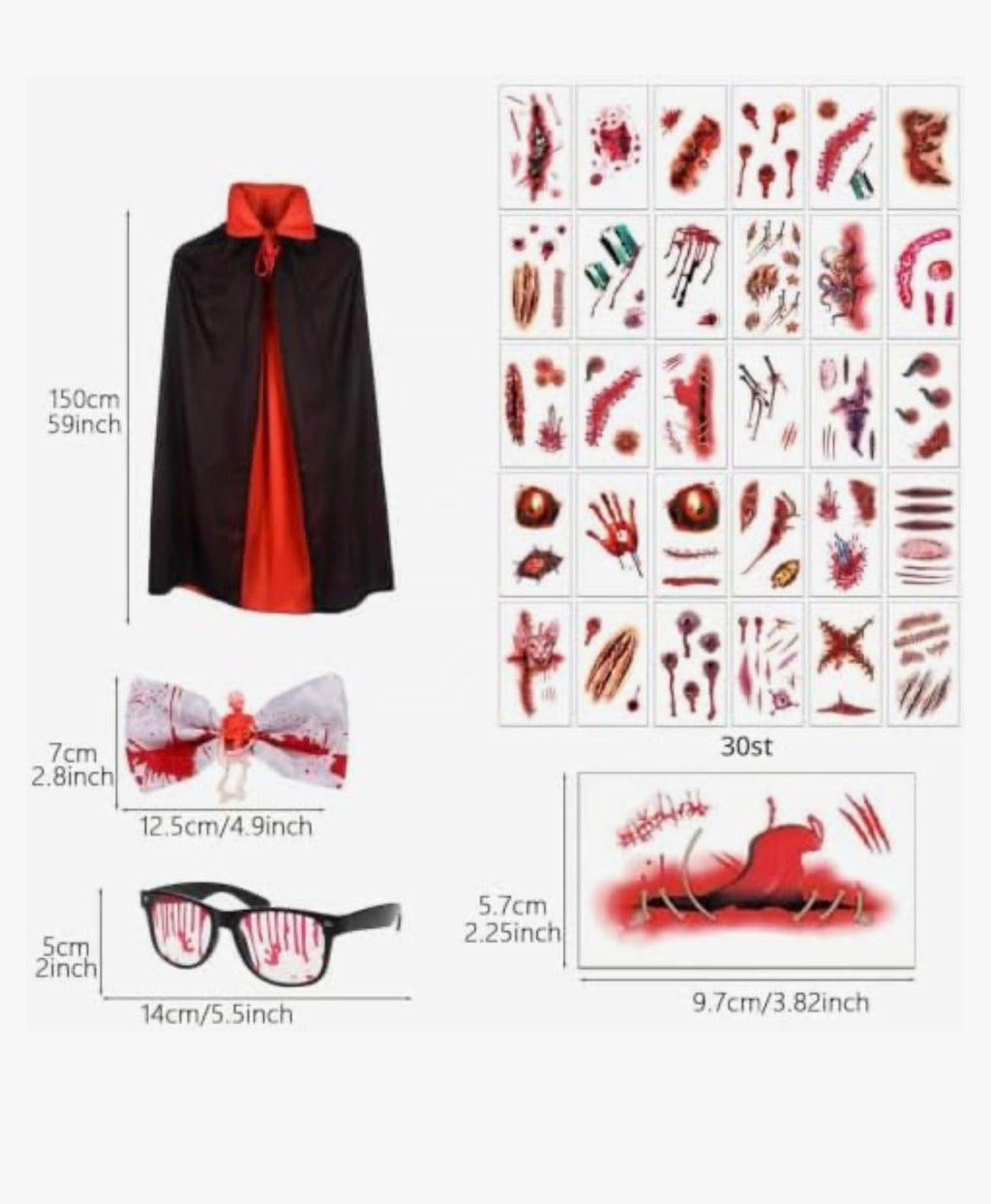 Vampyr Mantel Set (150 cm Reversibel) med Ärrtatueringar, Glasögon & Flugslips