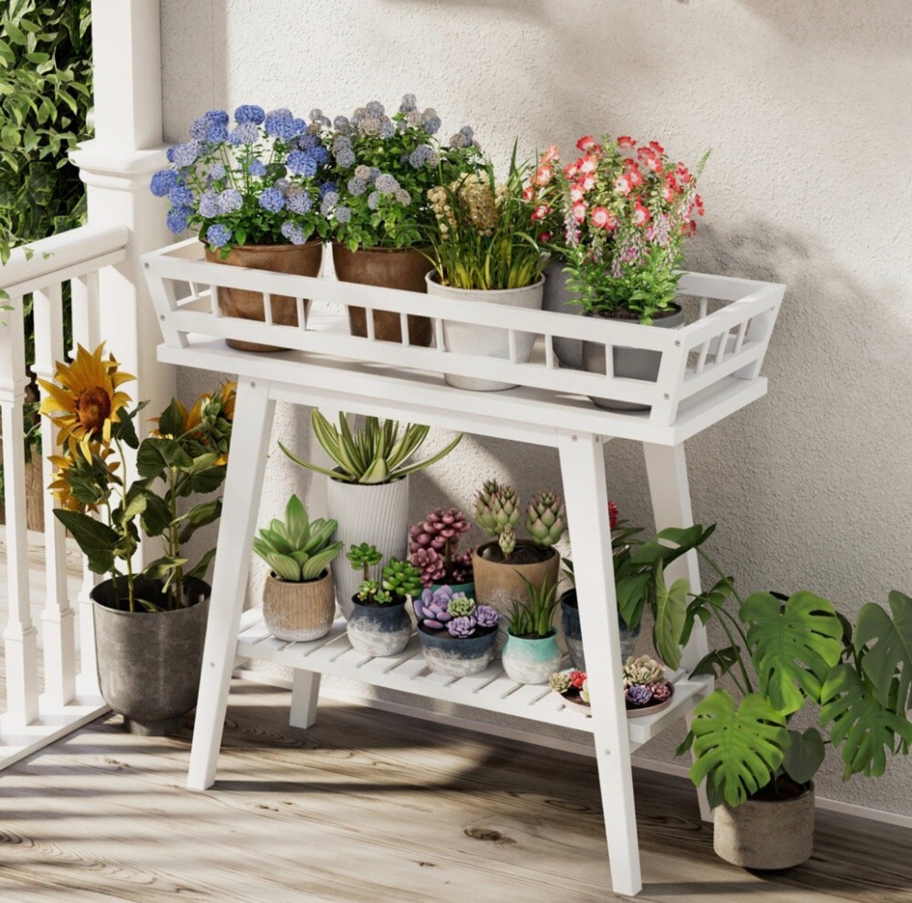 Modern Blomhylla i Trä – 2 Våningar för Inomhus & Balkong