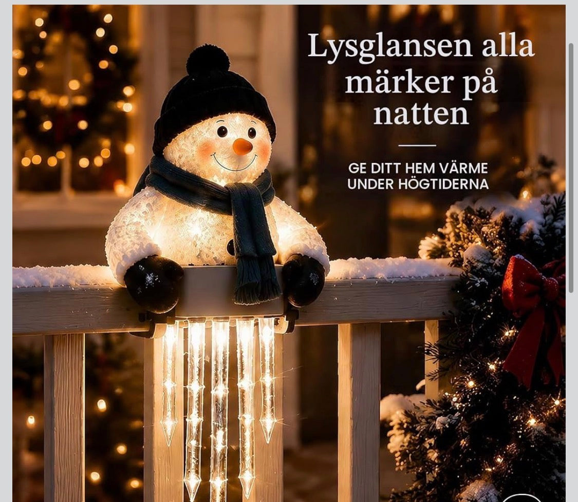Belyst Snögubbe med LED-Istappar för Balkong- & Altanräcke (Varmvitt Sken)