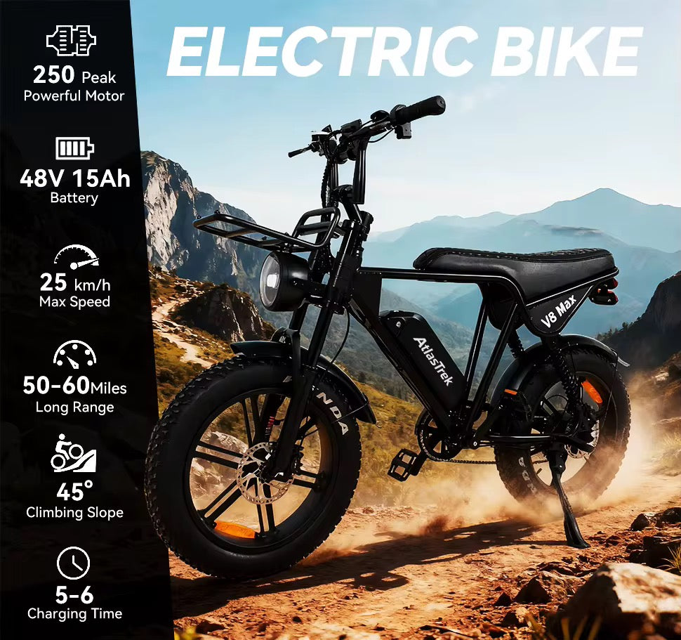 V8 Max Electric Bike – 250W Motor, 48V Battery, 20” Fat Tire