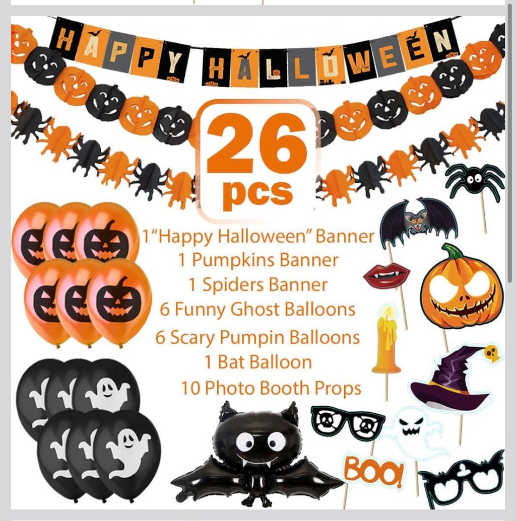 Jonami Halloween Festdekorationsset XXL – 26 Delar (Banderoll, Ballonger & Fotorekvisita)