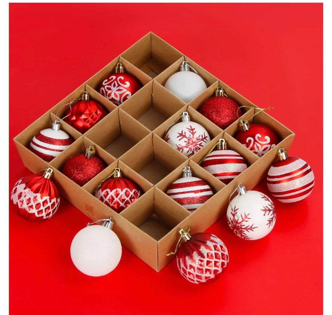 Bluelves Julgranskulor – 16-Pack (60 mm, Röd/Vit Design) för Julgran & Dekoration