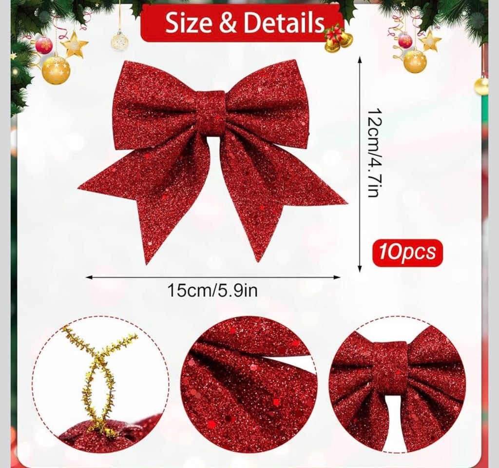 Julgransrosetter – 10-Pack Röda Glitterrosetter (12 x 15 cm)