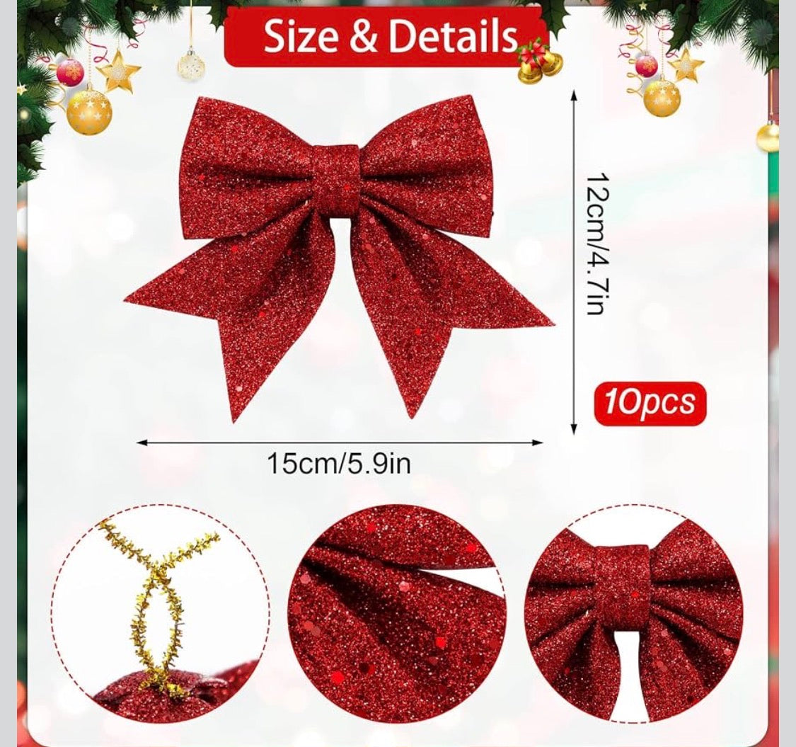 Julgransrosetter – 10-Pack Röda Glitterrosetter (12 x 15 cm)