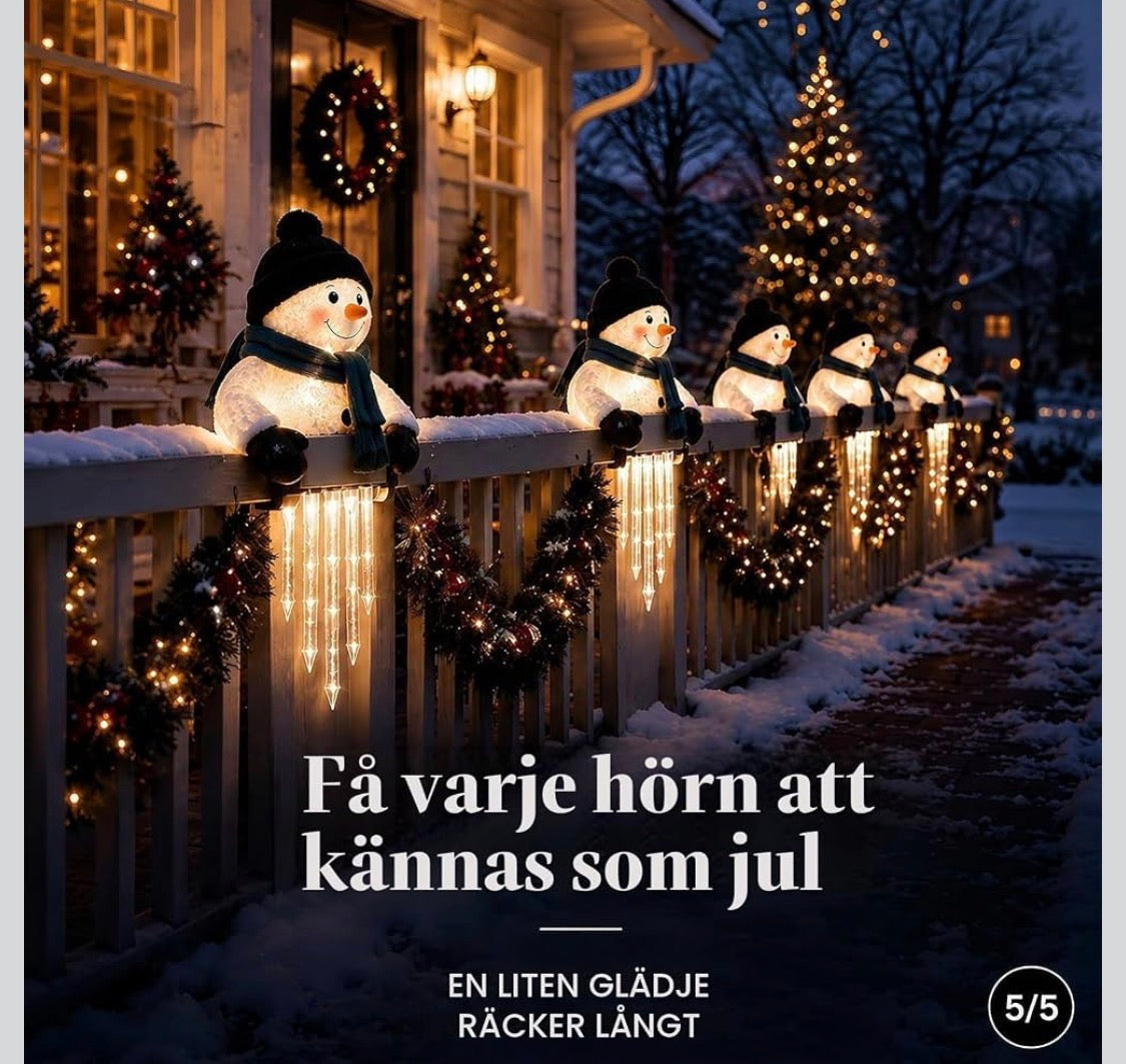 Belyst Snögubbe med LED-Istappar för Balkong- & Altanräcke (Varmvitt Sken)