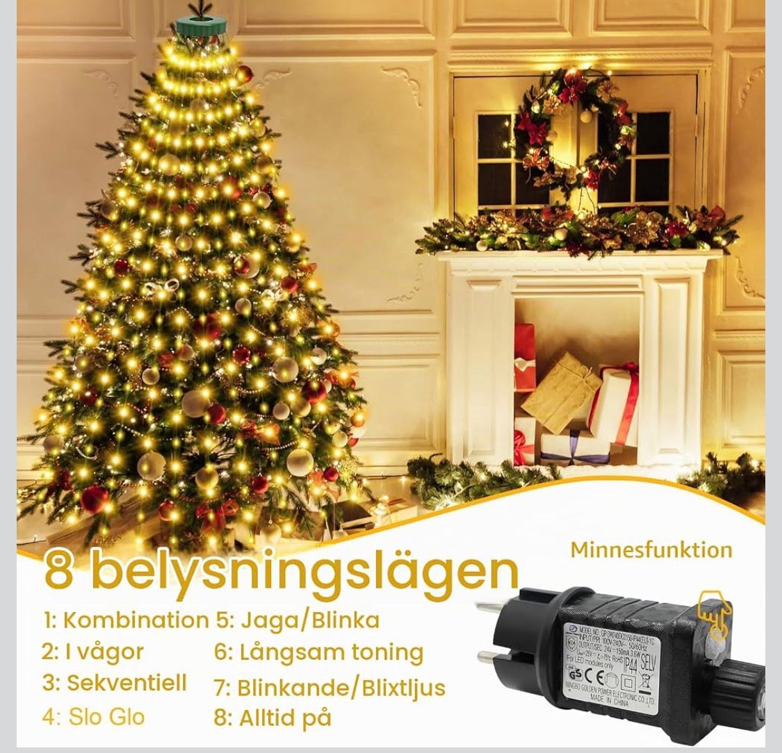 Julgransbelysning med Toppring – 400 LED (2.5m, 16 Slingor, IP44 Vattentät)