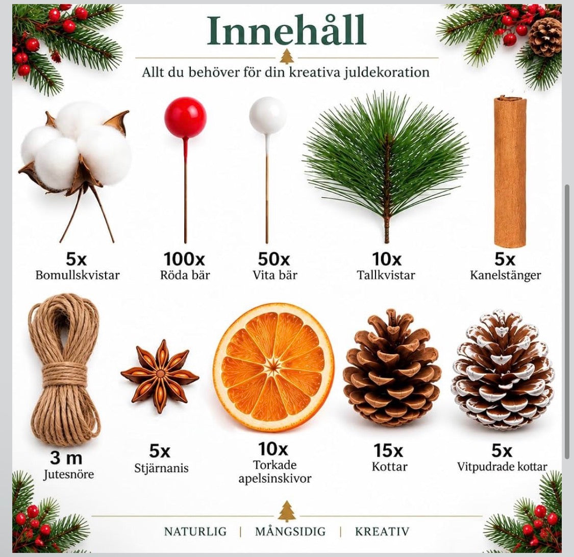 DIY Julpyssel Set – Dekorationselement för Julkrans & Kransbindning (ca 205 delar)