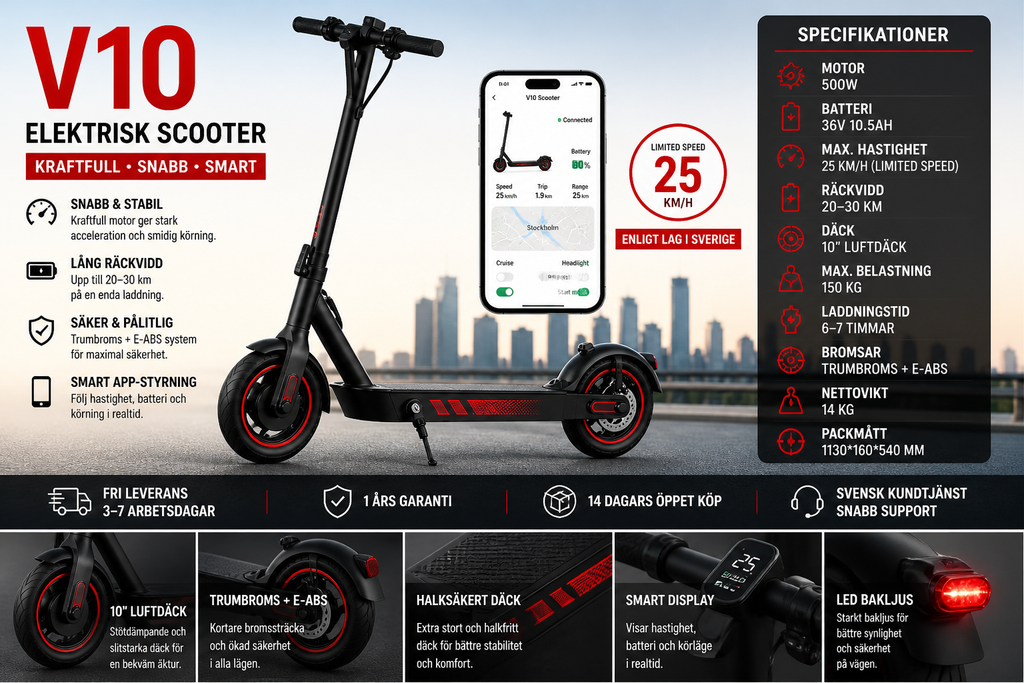 V10 Elektrisk Scooter – Snabb, Smart & Prisvärd i Sverige