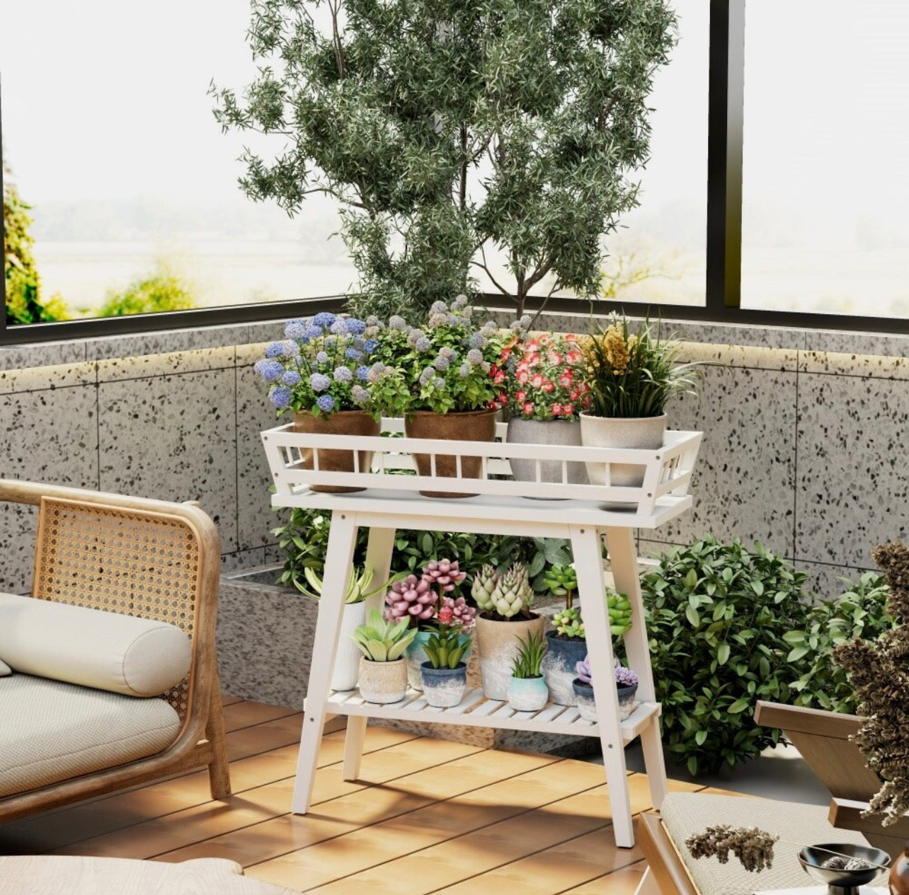 Modern Blomhylla i Trä – 2 Våningar för Inomhus & Balkong