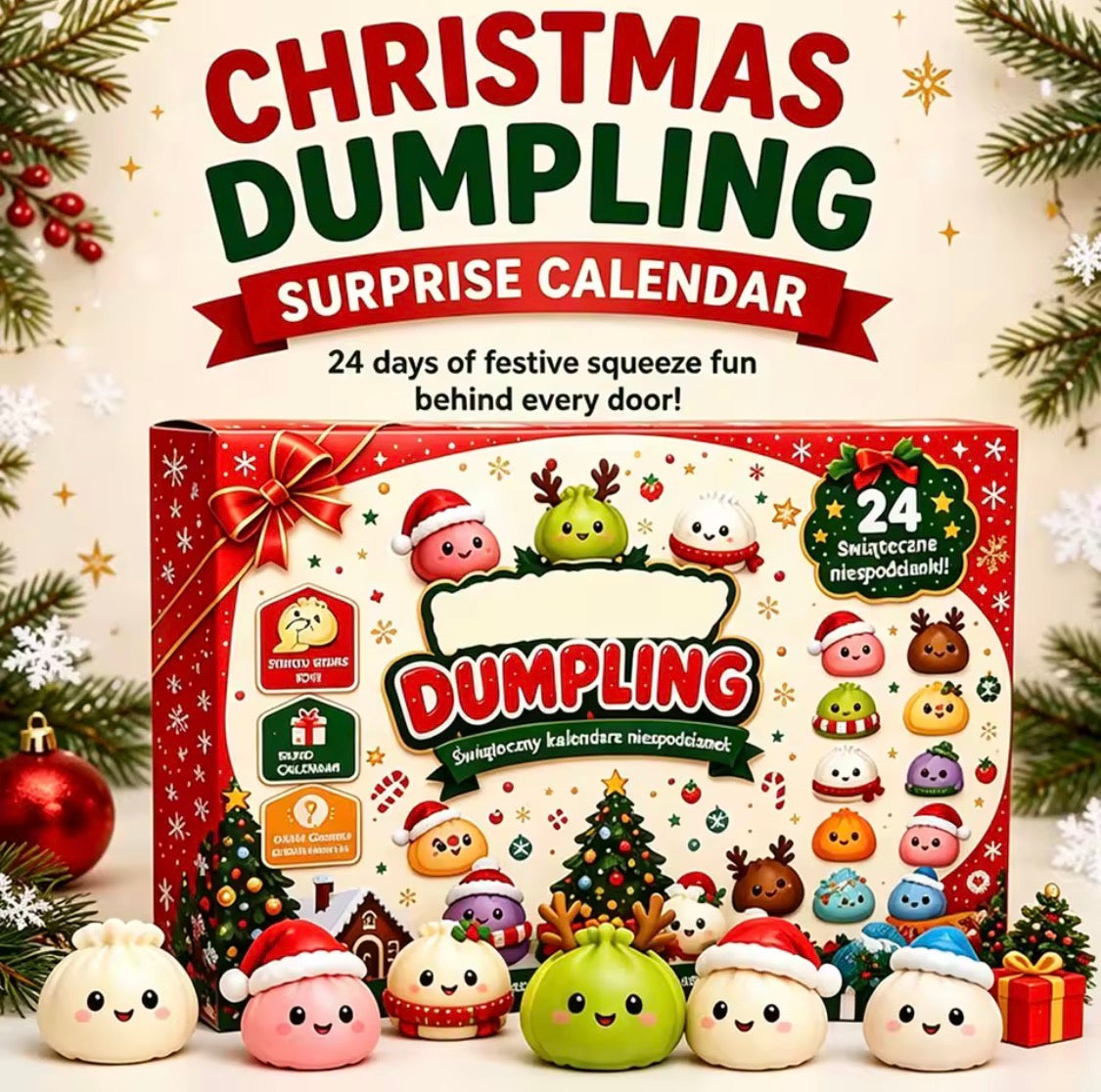 Squishy Julkalender 2026 – 24 Dagars Adventskalender med Kawaii Dumplings & Stressleksaker