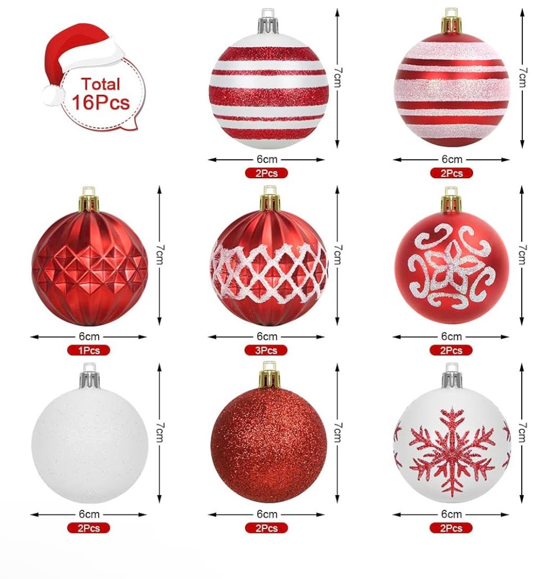 Bluelves Julgranskulor – 16-Pack (60 mm, Röd/Vit Design) för Julgran & Dekoration