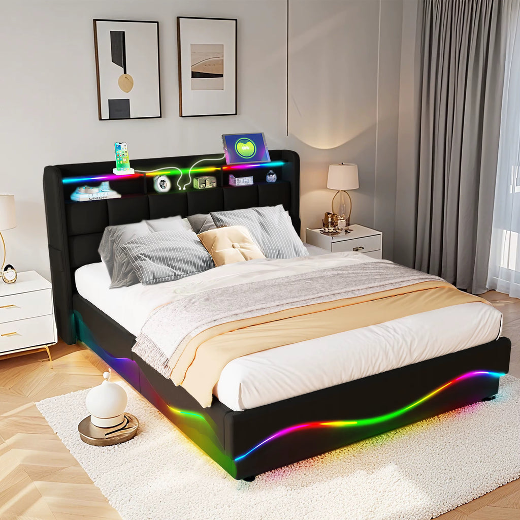 Modern sängram med RGB LED, USB-C, appstyrning bzooo aw& Music Sync