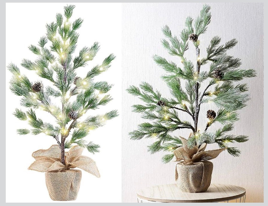 Litad Julgran med LED-belysning & Jutesäck (70 cm, 24 LED, Konstsnö & Kottar