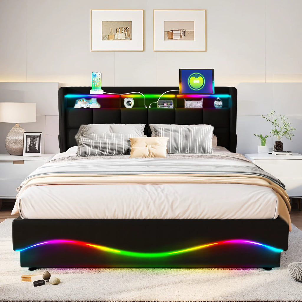 Modern sängram med RGB LED, USB-C, appstyrning bzooo aw& Music Sync