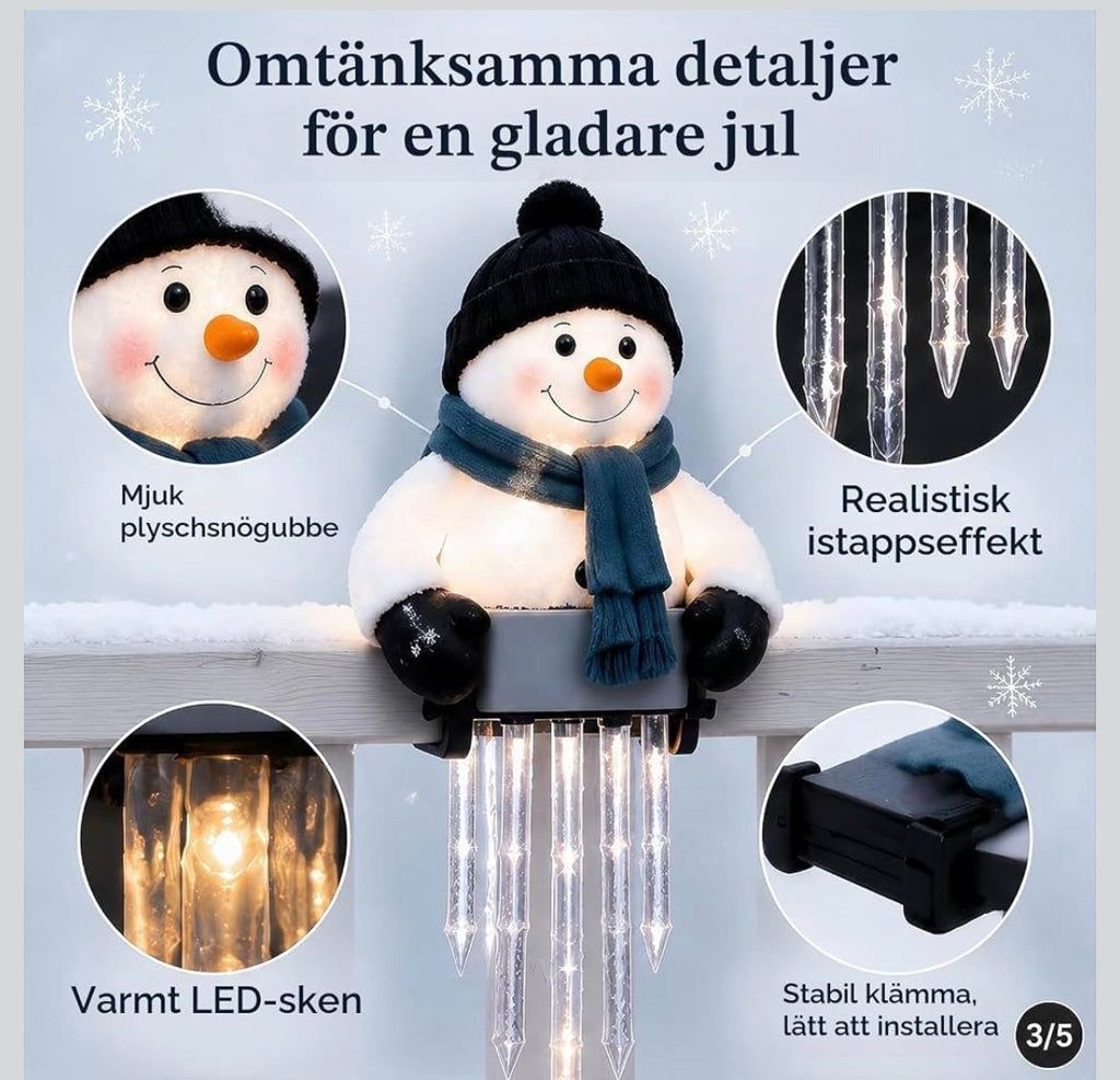 Belyst Snögubbe med LED-Istappar för Balkong- & Altanräcke (Varmvitt Sken)