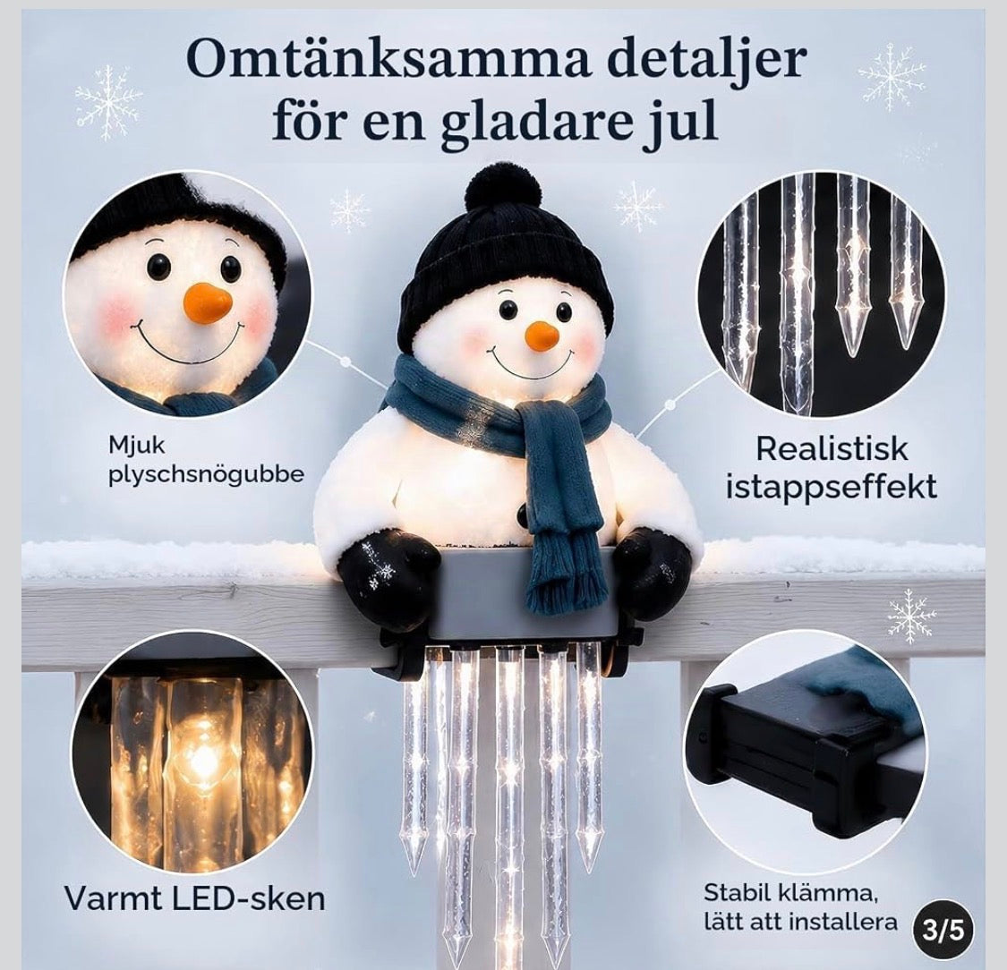Belyst Snögubbe med LED-Istappar för Balkong- & Altanräcke (Varmvitt Sken)
