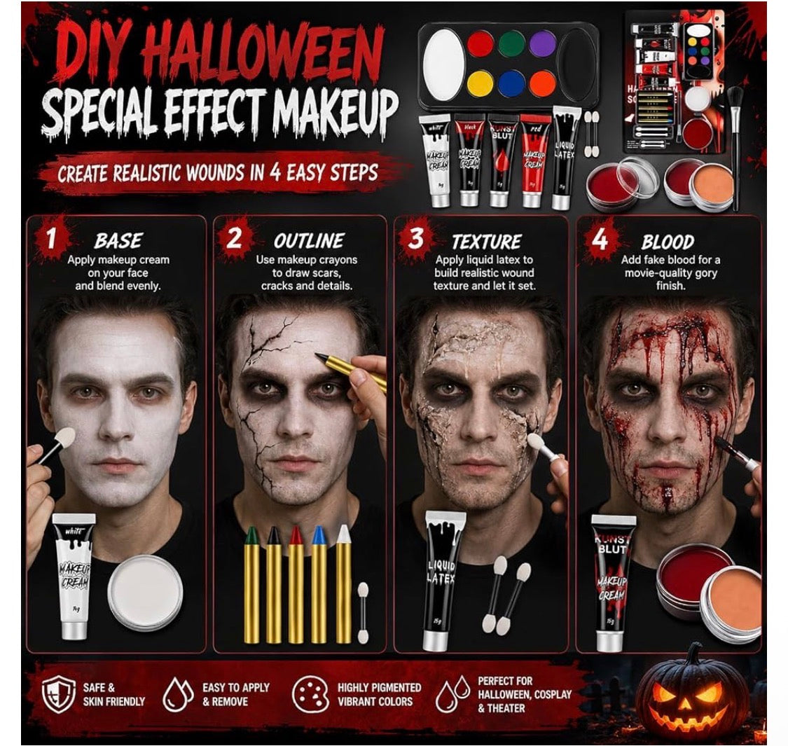 Halloween Smink- & SFX-Set med Fake Blod, Ärrvax & Ansiktsfärg