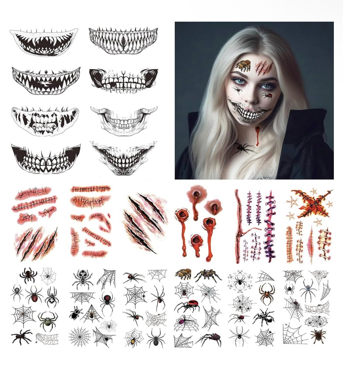 Halloween Temporära Tatueringar Set – 20 Ark (Mun, Spindlar & Ärrmotiv)