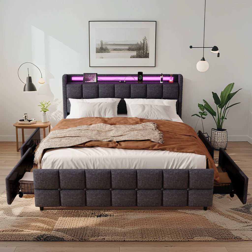 Säng med RGB LED-belysning, förvaring & laddstation