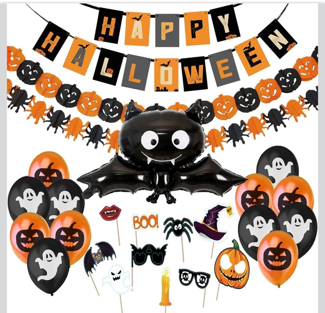 Jonami Halloween Festdekorationsset XXL – 26 Delar (Banderoll, Ballonger & Fotorekvisita)