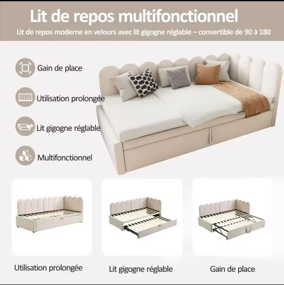 Modern Multifunktionell Dagsäng i Sammetslen Velour - Beige