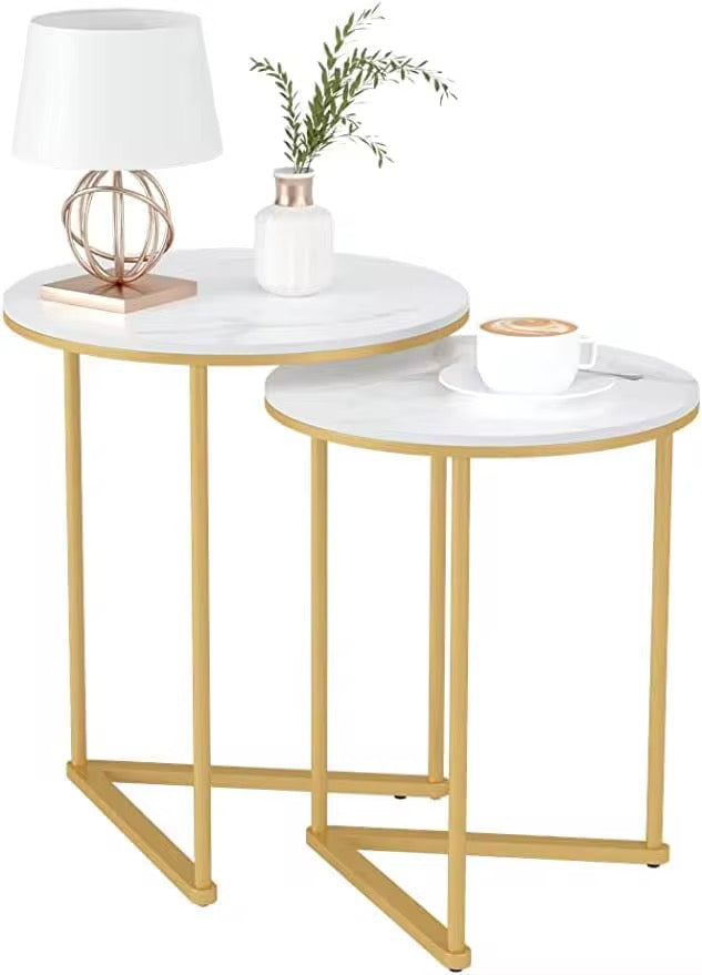 Exklusivt Set med 2 Sidobord – Vit Stenskiva & Guld Metallram