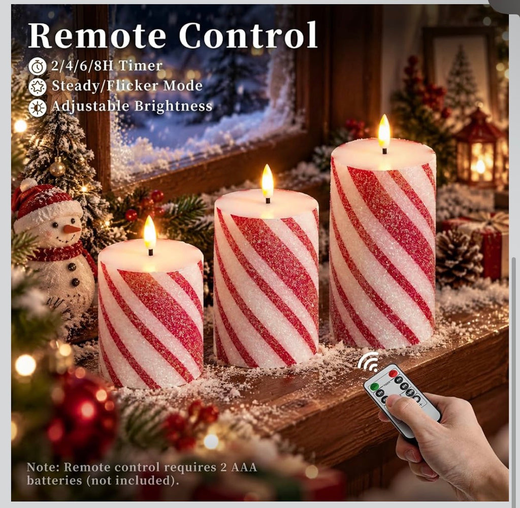 LED-Juleljus i Vax med Fjärrkontroll & Timer – Candy Cane Design (Röd/Vit)