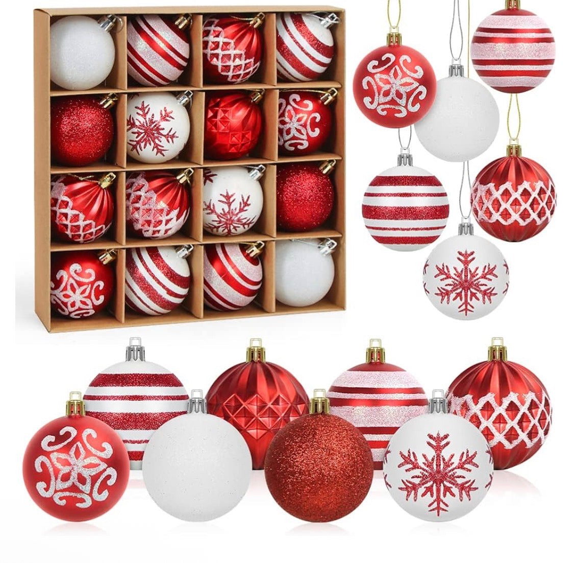 Bluelves Julgranskulor – 16-Pack (60 mm, Röd/Vit Design) för Julgran & Dekoration