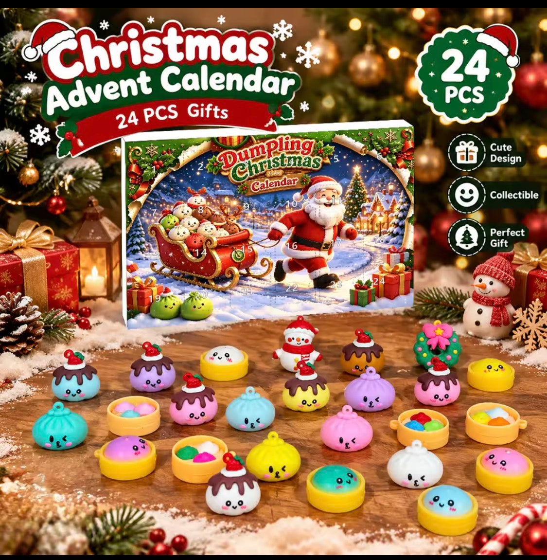 24-dagars Adventskalender – Söta Hängande Juldekorationer & Figurer (Dumpling/Kawaii Tema)
