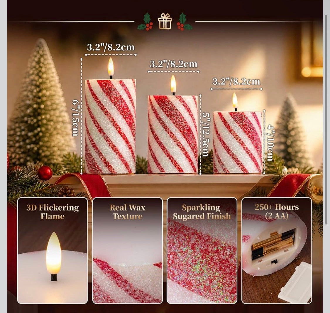 LED-Juleljus i Vax med Fjärrkontroll & Timer – Candy Cane Design (Röd/Vit)