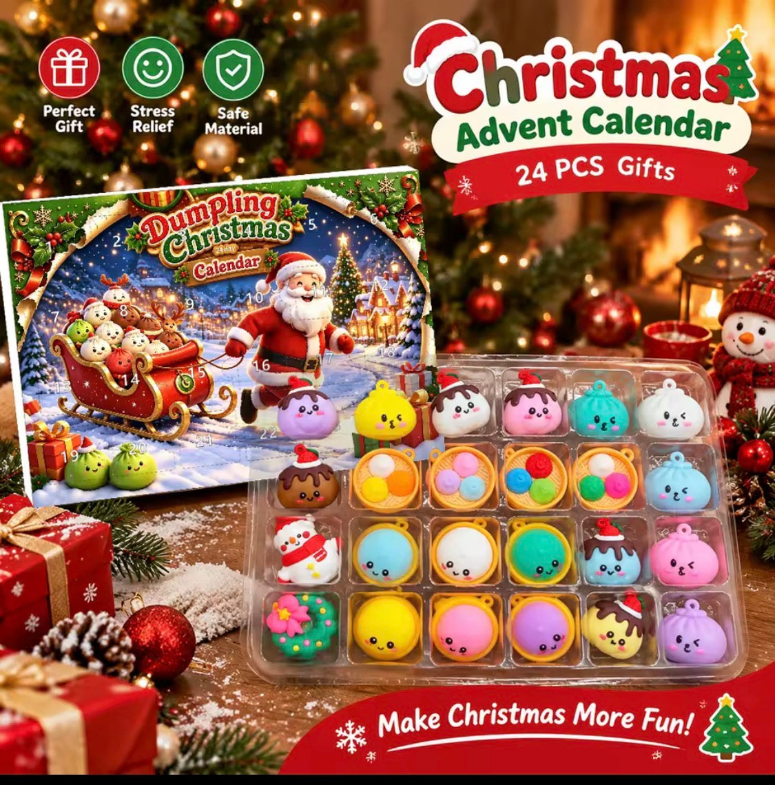 24-dagars Adventskalender – Söta Hängande Juldekorationer & Figurer (Dumpling/Kawaii Tema)