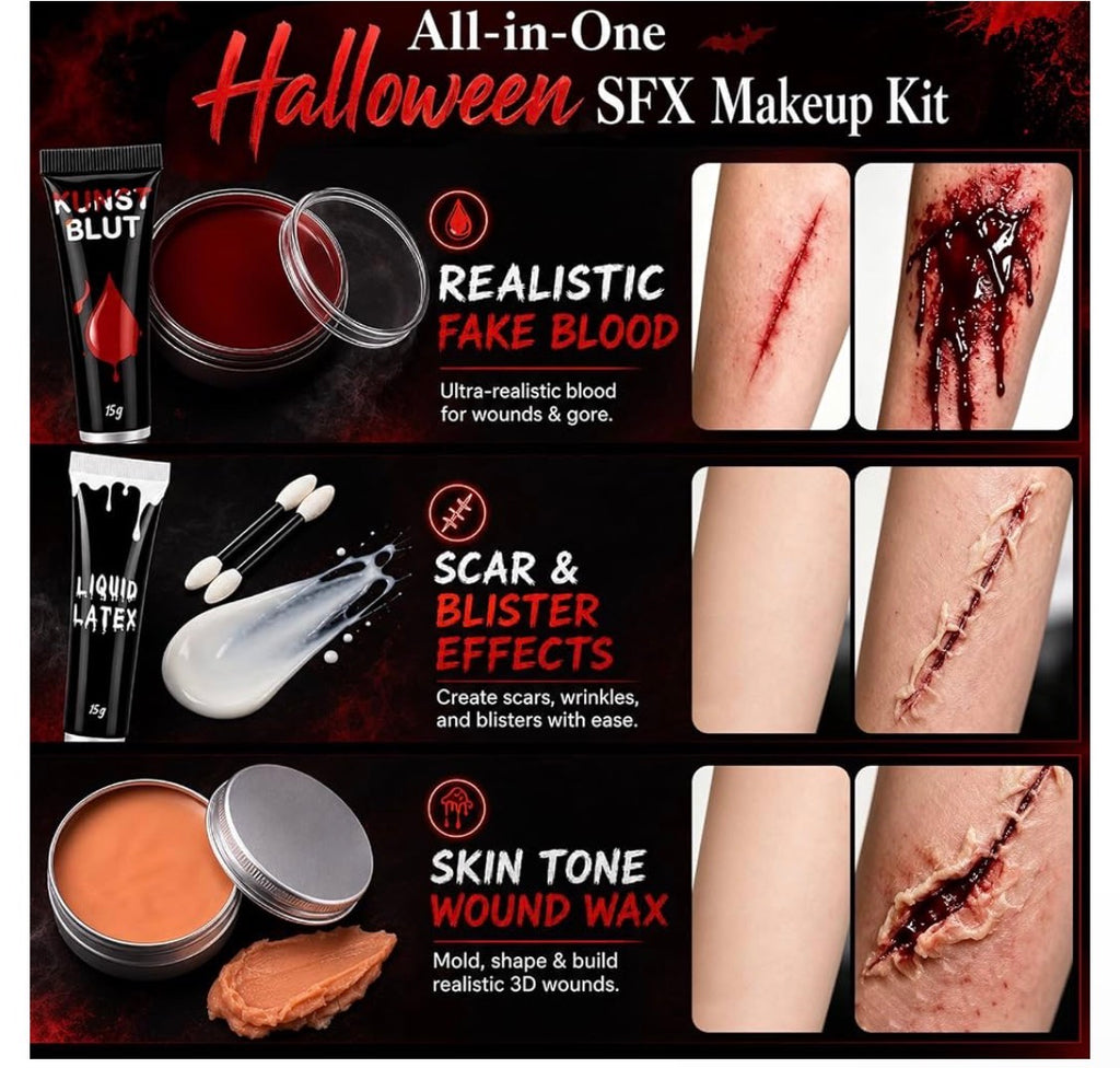 Halloween Smink- & SFX-Set med Fake Blod, Ärrvax & Ansiktsfärg