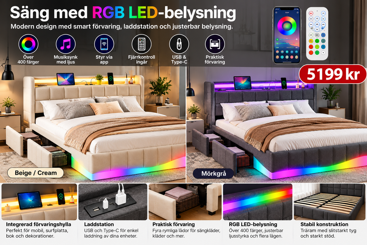 Säng med RGB LED-belysning, förvaring & laddstation