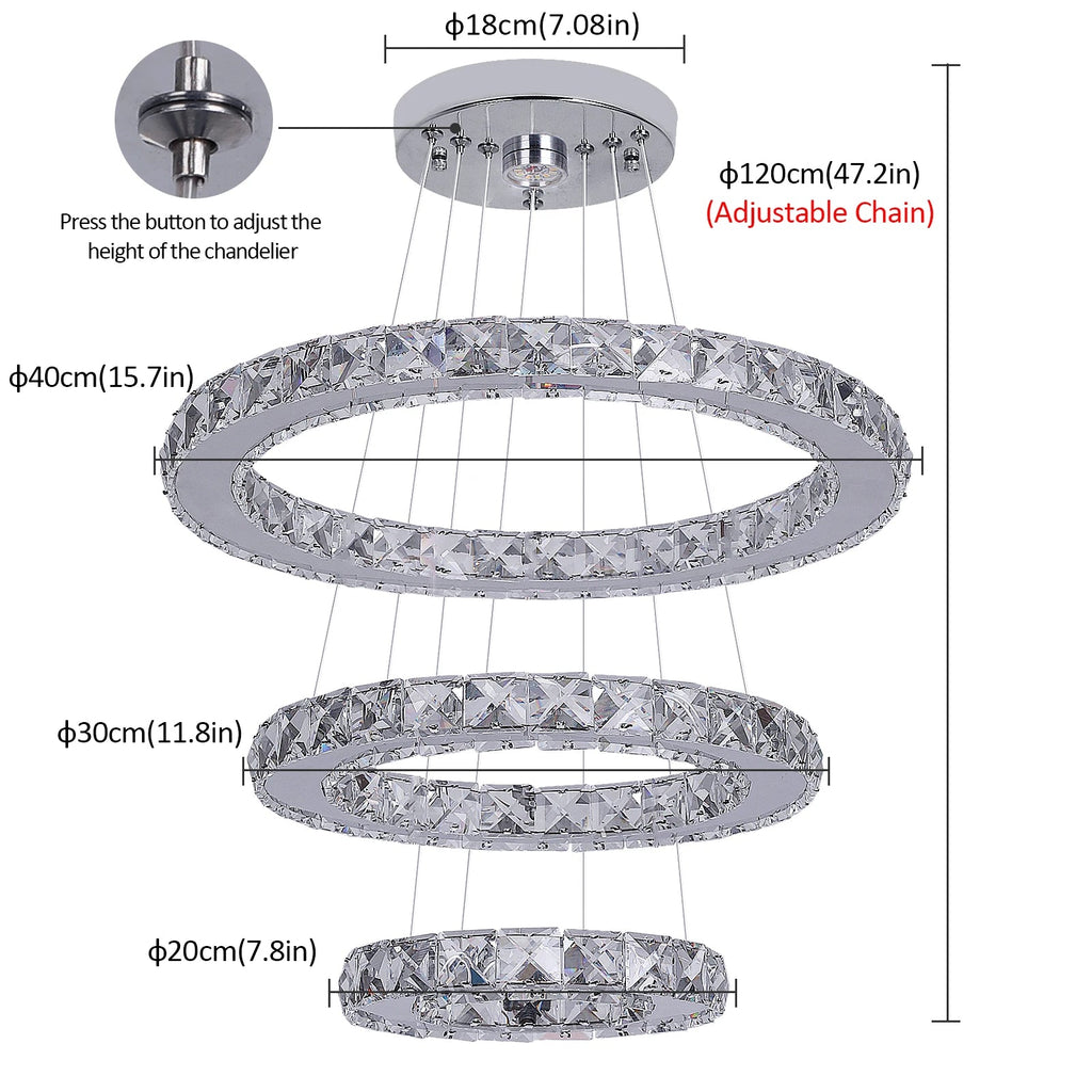 Kristall LED Pendellampa – 3 Ringar 47W